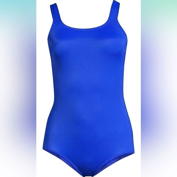 Lands End Electric Blue Chlorine Resistant Scoop Neck Tugless Swimsuit 16 - Picture 3 of 10